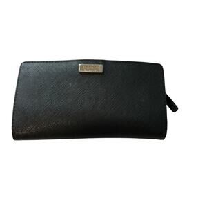 Vintage Black Leather Kate Spade Wallet Medium Solid Black Silver Tone Logo